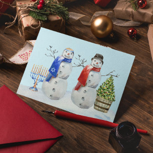 Cartão Postal De Festividades Hanukkah e Natal Boneco de Neve Aquarela