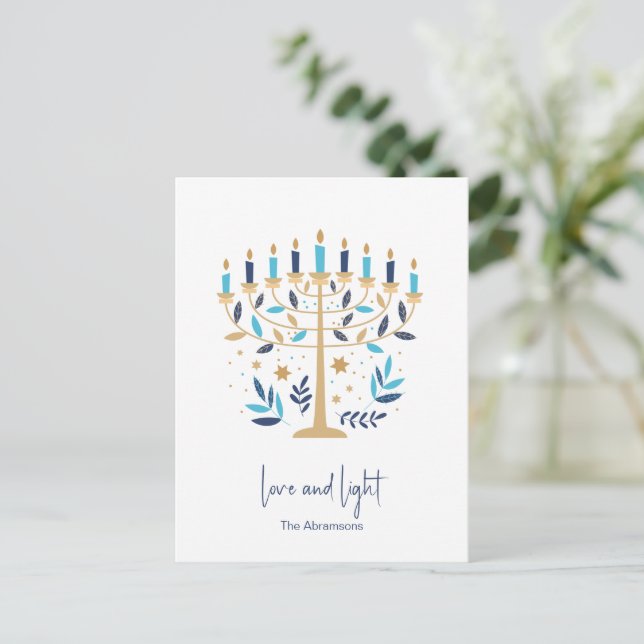 Cartão Postal De Festividades Hanukkah Love & Light Floral Menorah (Em pé/Frente)