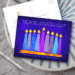 Cartão Postal De Festividades Hanukkah Modern Boho Vela Azul Paz Luz de Amor<br><div class="desc">"Paz, amor e luz." Uma ilustração lúdica, moderna e artística das velas de padrão de feto em uma menorah ajuda você a lançar no feriado de Chanucá. Velas azuis cortadas com padrões coloridos de folha de alumínio sobrepõem um rico fundo azul-texturizado. No verso, digite sua cópia pessoal usando o modelo...</div>