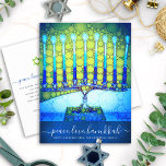 Cartão Postal De Festividades Hanukkah Modern Script Blue Green Menorah Na moda<br><div class="desc">"Paz, Amor, Chanucá". Uma ilustração detalhada de um menorah brilhante, colorido, verde-azul artístico em um fundo azul-marinho texturizado o ajuda a lançar as férias de Chanucá. Sinta o calor e a alegria da época de férias sempre que você envia este cartão postal de saudação chanucá, incrivelmente colorido. Comparar envelopes, adesivos,...</div>