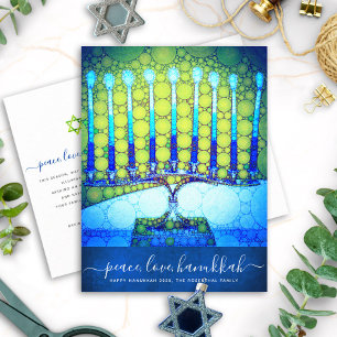 Cartão Postal De Festividades Hanukkah Modern Script Blue Green Menorah Na moda