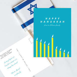 Cartão Postal De Festividades Hanukkah Velas Modernas Minimalistas Amarelo e Azu