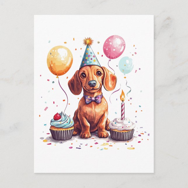 Cartão Postal De Festividades Happy Birthday Dachshund Dog  (Frente)
