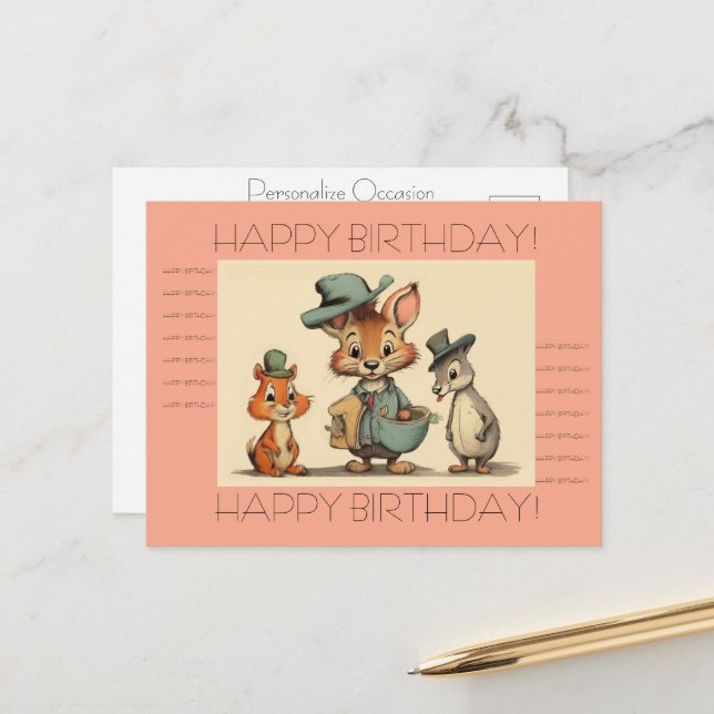 Cartão Postal De Festividades Happy Birthday Funny Cute Animal Cartoon Couriers  (Frente/Verso In Situ)