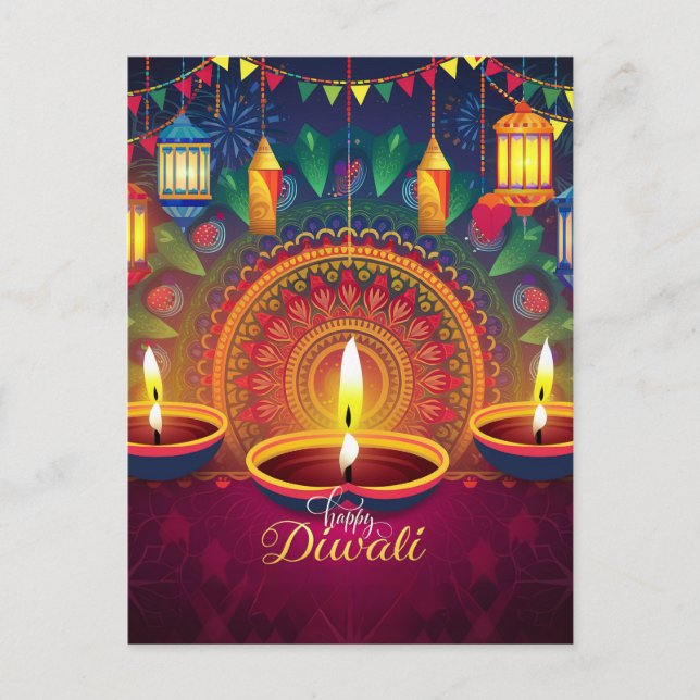Cartão Postal De Festividades Happy Diwali Diya Mandala Festival de Luz (Frente)