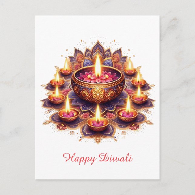 Cartão Postal De Festividades Happy Diwali Floral Diya Rangoli Festival de Luz (Frente)