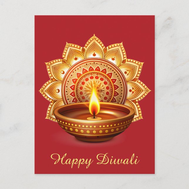 Cartão Postal De Festividades Happy Diwali Mandala Diya Festival do Vermelho Cla (Frente)