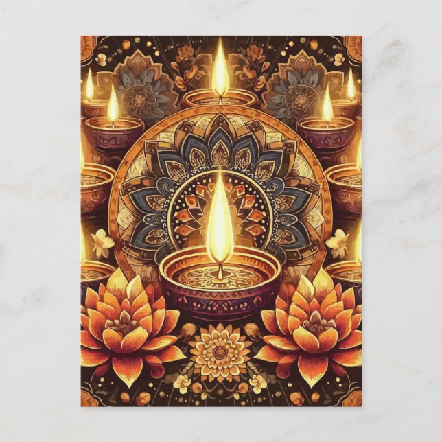Cartão Postal De Festividades Happy Diwali Mandala Diya Lotus Festival de Luz (Frente)