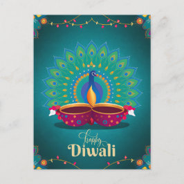 Cartão Postal De Festividades Happy Diwali Peacock Diya Festival do Azul Claro