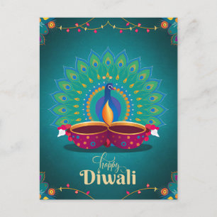 Cartão Postal De Festividades Happy Diwali Peacock Diya Festival do Azul Claro