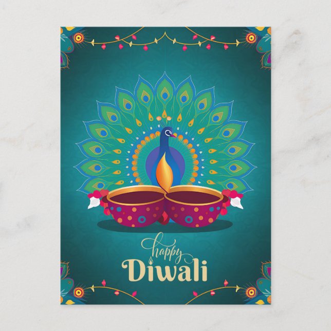 Cartão Postal De Festividades Happy Diwali Peacock Diya Festival do Azul Claro (Frente)