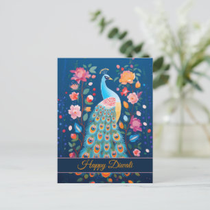 Cartão Postal De Festividades Happy Diwali Peacock & Flowers