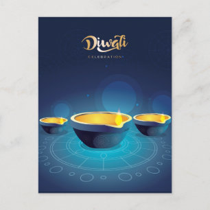 Cartão Postal De Festividades Happy Diwali Rangoli Blue Diya Festival de Luz