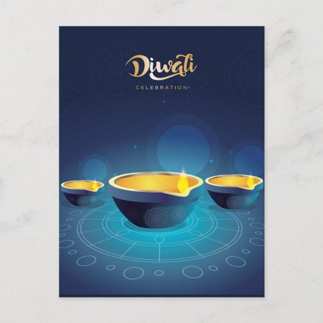 Cartão Postal De Festividades Happy Diwali Rangoli Blue Diya Festival de Luz (Frente)