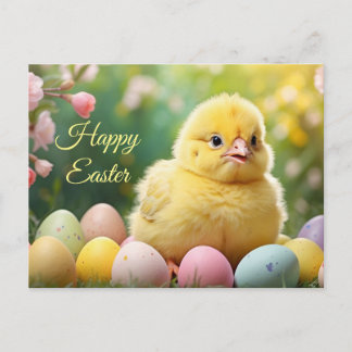 Cartão Postal De Festividades Happy Easter Easter Baby Chick with Painted Eggs 