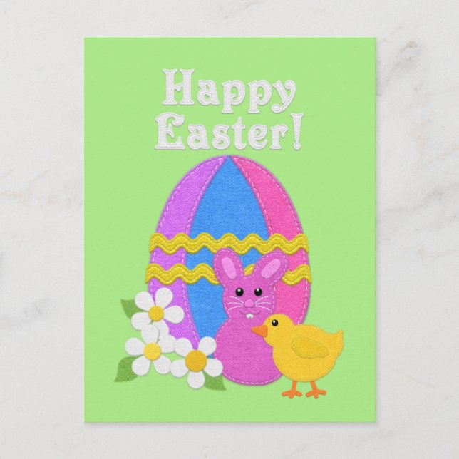 Cartão Postal De Festividades Happy Easter Felt Look Easter Egg Bunny Chick (Frente)