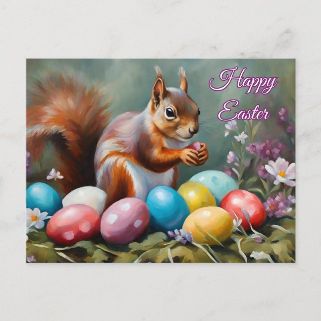 Cartão Postal De Festividades Happy Easter Squirrel with Easter Eggs, Flowers  (Frente)