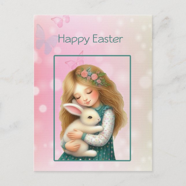 Cartão Postal De Festividades Happy Easter with Cute Girl and Bunny Card (Frente)