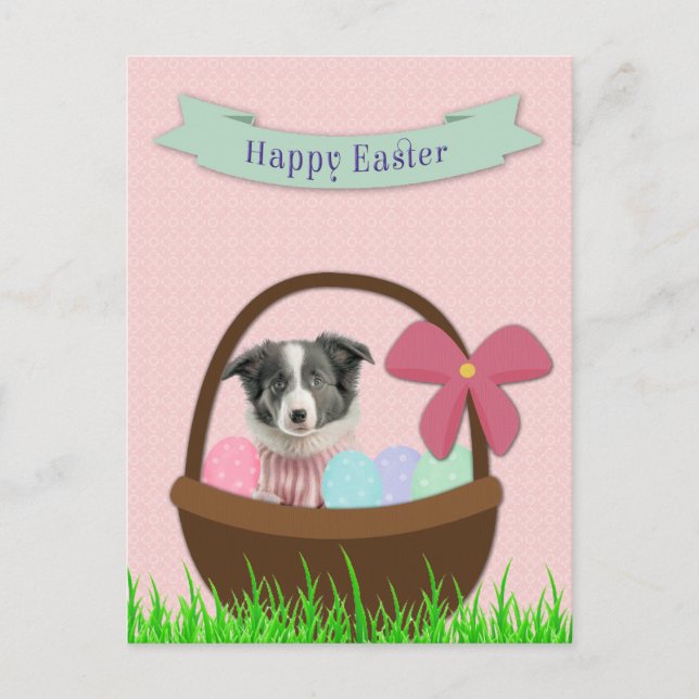 Cartão Postal De Festividades Happy Easter with Dog in Easter Basket Postcard (Frente)