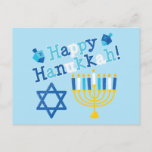 Cartão Postal De Festividades Happy Hanukkah<br><div class="desc">Feliz texto de Hanukkah com uma menorah,  Estrela de David e dois sonhos. Sombras de azul,  branco e amarelo.</div>