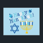 Cartão Postal De Festividades Happy Hanukkah<br><div class="desc">Feliz texto de Hanukkah com uma menorah,  Estrela de David e dois sonhos. Sombras de azul,  branco e amarelo.</div>