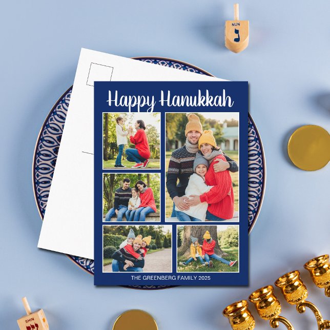Cartão Postal De Festividades Happy Hanukkah Family Photo Collage Modern Blue (Criador carregado)