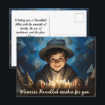 Cartão Postal De Festividades 🕎 Happy Hanukkah, texto personalizado<br><div class="desc">Nesta ilustração emocionante de Chanucá, uma cena alegre se desdobra contra um fundo azul vibrante adornado com decorações tradicionais ao estilo judeu. O foco central é um jovem judeu, seu rosto iluminado pela luz tremenda de um conjunto de pequenas velas, evocando a magia do feriado. O brilho das velas e...</div>