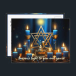 Cartão Postal De Festividades 🕎 Happy Hanukkah, texto personalizado<br><div class="desc">Nesta ilustração encantadora de Chanucá, uma celebração radiante se desdobra com uma magnífica Estrela ouro de David como peça central. A estrela exumenta uma elegância eterno, lançando um brilho quente e convidativo contra um pano de fundo enfeitado com uma série de velas azuis acesas. As tons de azul e amarelo...</div>