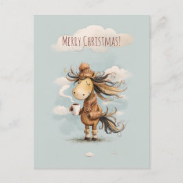 Cartão Postal De Festividades Happy horse enjoys a warm drink, Christmas holiday