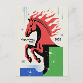 Cartão Postal De Festividades Happy New Year 2026 Card Red Horse Vintage Style
