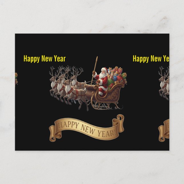 Cartão Postal De Festividades Happy New Year 2026 – Santa Sleigh on Black (Frente)