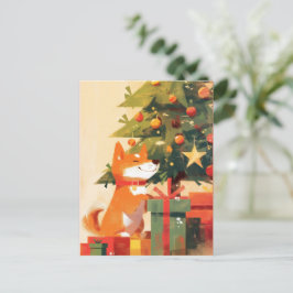 Cartão Postal De Festividades Happy Shiba Inu beside Christmas Tree and Gifts