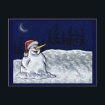 Cartão Postal De Festividades Happy Snowman<br><div class="desc">Este maravilhoso boneco de neve com o bobo sorrindo debaixo do céu iluminado pela lua vai iluminar o dia daqueles a quem você o envia com seus cartões de natal de alegria. Pintura digital original de Leslie Sigal Javorek.</div>
