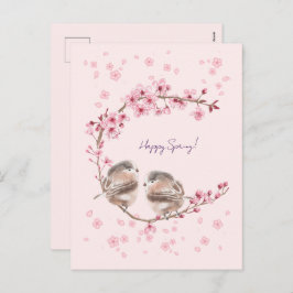 Cartão Postal De Festividades Happy Spring! 桜とかわいいすずめの春のあいさつ♡
