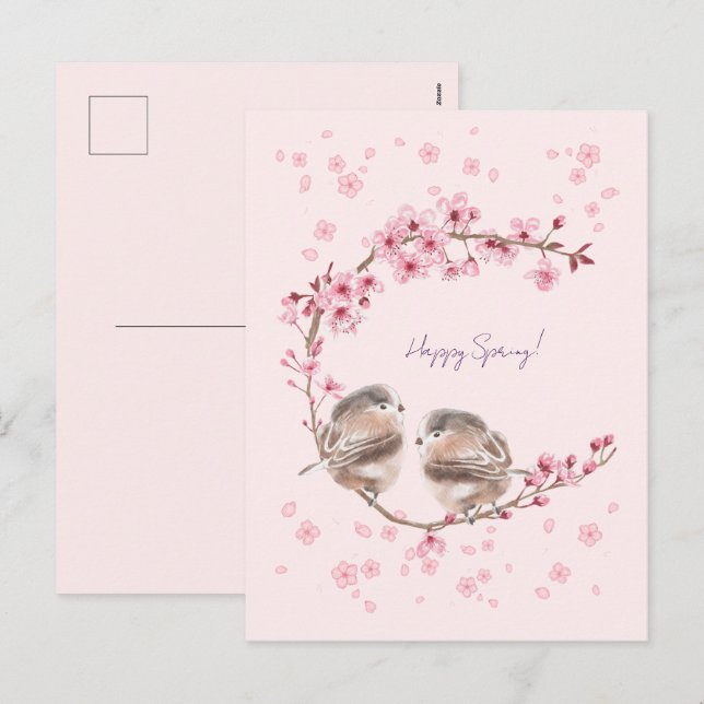 Cartão Postal De Festividades Happy Spring! 桜とかわいいすずめの春のあいさつ♡ (Frente/Verso)