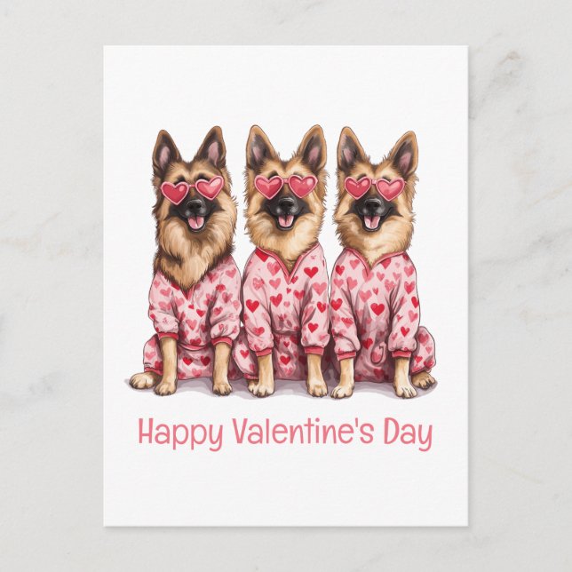Cartão Postal De Festividades Happy Valentines Day German Shepherd Dogs (Frente)