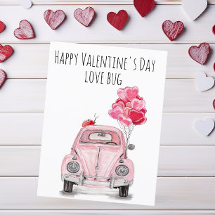 Cartão Postal De Festividades Happy Valentine's Day Love Bug Pink Car Balloons