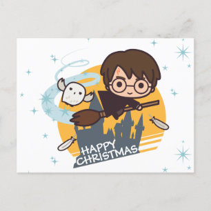 Cartão Postal De Festividades Harry e Hedwig Voando Passado o Natal em Hogwarts