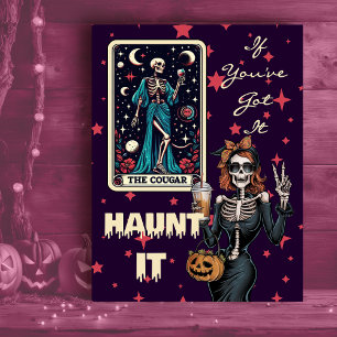 Cartão Postal De Festividades Haunt É Engraçado Cougar Halloween Skeleton