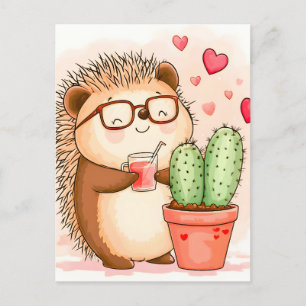 Cartão Postal De Festividades Hedgehog Cactus Cheers Watercolor