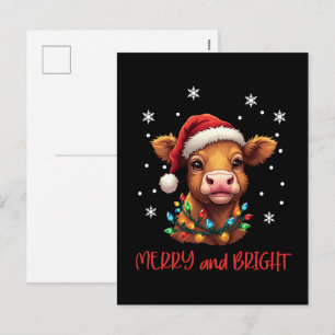 Cartão Postal De Festividades Highland Baby Cow Luzes de Natal