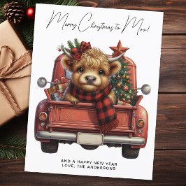 Cartão Postal De Festividades Highland Cow Vintage Red Truck Feliz Natal