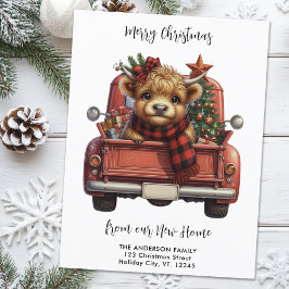 Cartão Postal De Festividades Highland Cow Vintage Red Truck Feliz Natal