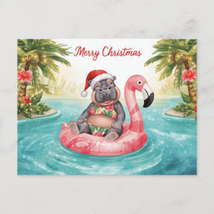 Cartão Postal De Festividades Hipopótamo de Biquíni na Festa de Natal na Piscina