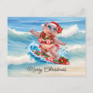 Cartão Postal De Festividades Hipopótamo de biquíni surfando no Natal em prancha