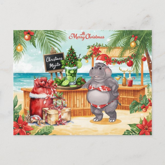 Cartão Postal De Festividades Hippo Christmas Cocktail Party Greeting Card  (Frente)