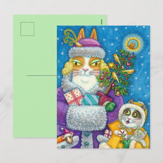 CARTÃO POSTAL DE FESTIVIDADES HISS N' FITZ GATOS COMPRANDO NATAL, ÁRVORE DE PENA (Frente/Verso)