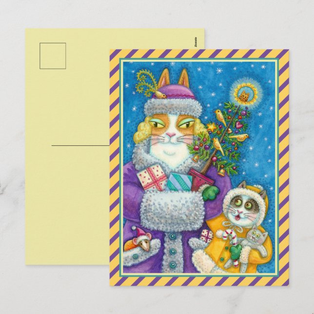 CARTÃO POSTAL DE FESTIVIDADES HISS N' FITZ GATOS COMPRANDO NATAL, ÁRVORE DE PENA (Frente/Verso)