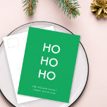 Cartão Postal De Festividades Ho Ho Ho | Feliz Natal Verde Brilhante<br><div class="desc">Cartaz de feriado simples e na moda,  "Ho Ho Ho",  em verde,  com uma tipografia moderna minimalista,  em branco,  que pode ser facilmente personalizado com a sua própria saudação,  nome de família e ano para uma estação festiva moderna!</div>