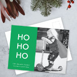 Cartão Postal De Festividades Ho Ho Ho | Foto animada de Natal Verde brilhante<br><div class="desc">Cartaz fotográfico simples, na moda, "Ho Ho Ho", em verde brilhante, com uma tipografia moderna minimalista, em branco, que pode ser facilmente personalizada com a sua própria saudação, nome de família e ano para uma estação festiva moderna! A carta mostra um exemplo de imagem de um adorável menino feliz andando...</div>